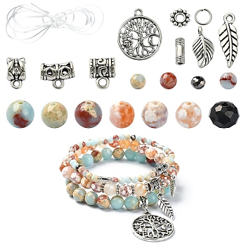 DIY Natural Fire Crackle Agate & Synthetic Imperial Jasper Stretch Bracelet Making Kit, Antique Silver, 4mm, Hole: 1mm