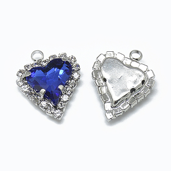 Glass Rhinestone Pendants, with Platinum Tone Brass Findings, Heart, Sapphire, 21x16.5x6mm, Hole: 2mm