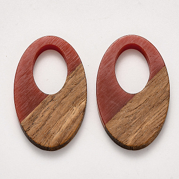 Resin & Walnut Wood Pendants, Waxed, Oval, Brown, 35.5x21.5x3~4mm, Hole: 16x10mm