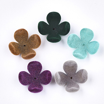 Flocky Acrylic Bead Caps, 4-Petal, Flower, Mixed Color, 27.5x27.5x11mm, Hole: 1.5mm