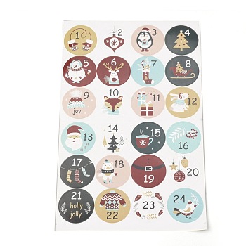 Christmas Advent Calendar Stickers, 1~24 Number Christmas Countdown Stickers, for Gift Sealing Stickers, DIY Crafts, Baking Decoration, Christmas Themed Pattern, 30.7x19.6x0.02cm, Stickers: 45mm, 24pcs/sheet