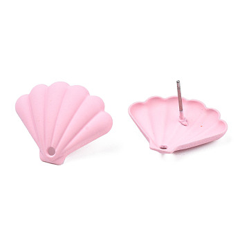 Spray Painted Iron Stud Earring Findings, with Hole, Fan, Pink, 17x21.5mm, Hole: 1.6mm, Pin: 0.7mm