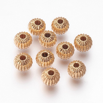 Brass Corrugated Beads, Rondelle, Nickel Free, Real 18K Gold Plated, 6x5mm, Hole: 1mm