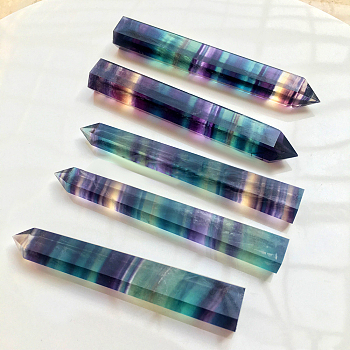 Natural Colorful Fluorite Pointed Prism Bar Home Display Decoration, Healing Stone Wands, for Reiki Chakra Meditation Therapy Decos, Faceted Bullet, 52~56x12.5~14mm