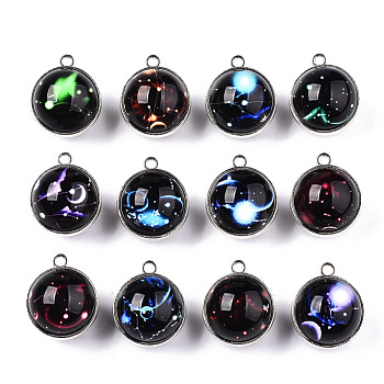Glass Pendants, with Eco-Friendly Zinc Alloy Findings, Platinum, Cadmium Free & Nickel Free & Lead Free, Round with Constellation, 12 Constellations, 26x22x22mm, Hole: 2.5mm, 1pc/constellation, 12 constellation, 12pcs/set