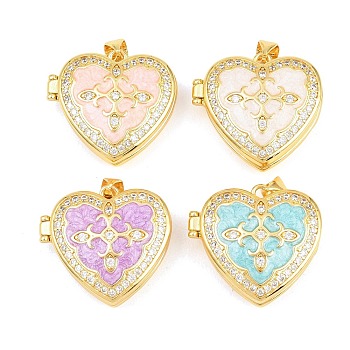 Brass Locket Pendants, with Enamel & Cubic Zirconia, Cadmium Free & Lead Free, Real 18K Gold Plated, Rack Plating, Long-Lasting Plated, Heart Charms, Mixed Color, 22.5x24x9mm, Hole: 3x5mm