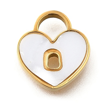 304 Stainless Steel Heart Lock Charms, with Plastic Imitation Shell, Ion Plating(IP), Golden, 9.5x9x1.5mm, Hole: 2.5x3mm