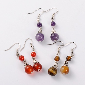 Natural Gemstone Dangle Earrings, with Iron Bead Caps and Brass Earring Hooks, Platinum, Mixed Stone, 47mm, Pin: 0.7mm