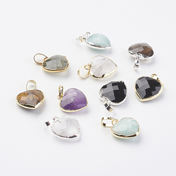 Natural Gemstone Pendants, with Brass Findings, Faceted, Heart, Mixed Color, 14~15x12~12.5x4.5~5.5mm, Hole: 4x6mm