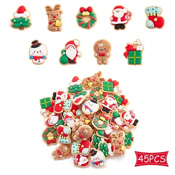 45Pcs 9 Styles Christmas Theme Opaque Resin Cabochons, Snowman & Reindeer & Santa Claus & Christmas Tree & Wreath & Stocking & Gingerbread Man, Mixed Shapes, Mixed Color, 23~27x18~24mm, about 5pcs/style