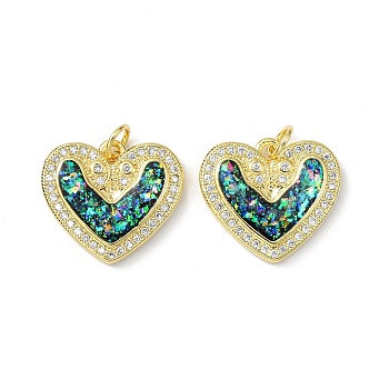 Brass Micro Pave Cubic Zirconia Pendants, with Synthetic Opal and Jump Ring, Heart, Real 18K Gold Plated, 16x18x3mm, Hole: 3.5mm