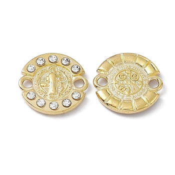 Alloy Connector Charms, with Rhinestones, Flat Round Links with Religion Virgin Pattern, Light Gold, Crystal, 14x2mm, Hole: 1.8mm