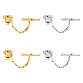 4Pcs 2 Colors Men's Brass Tie Tack Clutch with Chain, Wedding Business Accessories, Platinum & Golden, 5.4cm, 2pcs/color