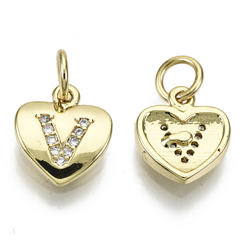 Brass Micro Pave Clear Cubic Zirconia Charms, with Jump Ring, Heart with Letter, Real 16K Gold Plated, Nickel Free, Letter.V, 10x9x2mm, Jump Ring: 5x1mm, 3mm inner diameter
