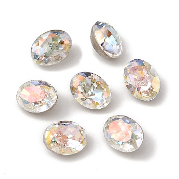 K9 Glass Rhinestone Cabochons, Pointed Back & Back Plated, Faceted, Oval, Light Crystal AB, 6x8x5mm