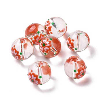 Transparent Glass Beads, with Enamel, Round, Red, Flower Pattern, 14~15x13~13.5mm, Hole: 1.5~1.6mm