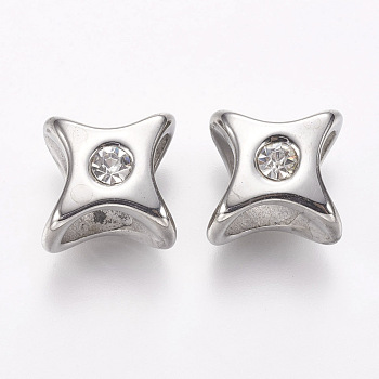 304 Stainless Steel Slide Charms, with Rhinestone, Star, Stainless Steel Color, 11x11x8.5mm, Hole: 5.5x5.5mm