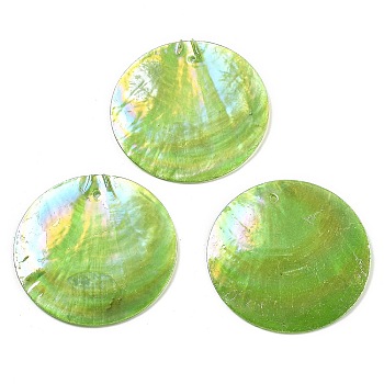 Spray Painted Natural Capiz Shell Pendants, Disc Charms, AB Color, Green Yellow, 39.5~40x1~2mm, Hole: 1.2~1.4mm