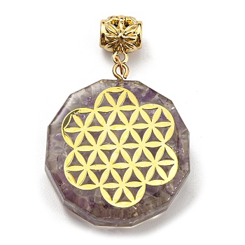 Natural Amethyst European Dangle Polygon Charms, Large Hole Pendant with Golden Plated Alloy Flower Slice, 53mm, Hole: 5mm, Pendant: 39x35x11mm