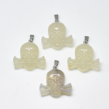 Natural White Agate Pendants, with Stainless Steel Snap On Bails, Skull, Stainless Steel Color, 34~36x35~37x12~13mm, Hole: 3~4x7~8.5mm