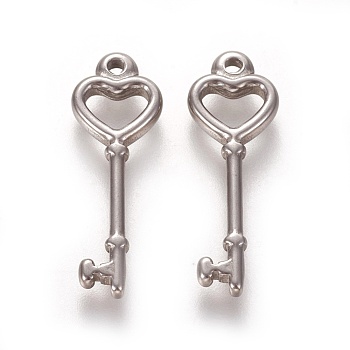 304 Stainless Steel Pendants, Heart Key, Stainless Steel Color, 25x9x2mm, Hole: 1.4mm