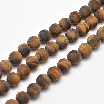 Frosted Natural Tiger Eye Round Bead Strands, 10mm, Hole: 1mm, about 38pcs/strand, 15.5 inch