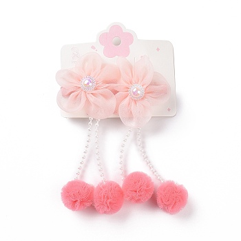 Flower Cloth Metallic Alligator Hair Clips, with Acrylic Beads, Flower, Children's Day Jewelry, Misty Rose, 105x50x15~16mm, 2pcs/card