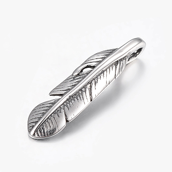 316 Surgical Stainless Steel Pendants, Feather, Antique Silver, 21x5x4.5mm, Hole: 2x4mm