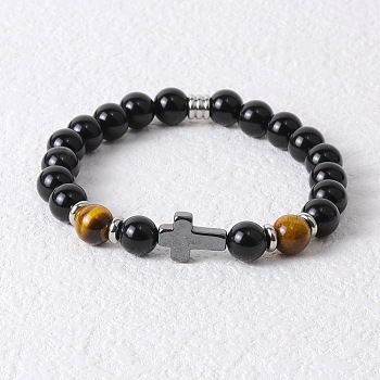 Round Natural Tiger Eye & Black Onyx & Cross Synthetic Non-magnetic Hematite Stretch Beaded Bracelet for Men