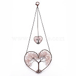 Natural Rose Quartz Big Pendants, Wire Wrapped Pendants, with Red Copper Brass Wires, Heart with Lobster Claw Clasps, 420~455x138~150x7.5~9.5mm, Hole: 16.5mm(G-T133-R07A)