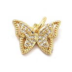 Rack Plating Brass Micro Pave Cubic Zirconia Charms, Hollow Butterfly Charm, Long-Lasting Plated,with Jump Rings, Cadmium Free & Lead Free, Real 18K Gold Plated, 9.5x13x2mm, Hole: 3mm(KK-K270-35G)