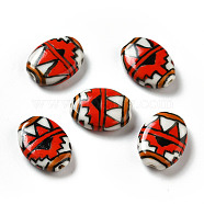 Handmade Printed Porcelain Beads, Oval with Triangle Pattern, Red, 18x14.5x5mm, Hole: 1.6mm(PORC-F005-01E)