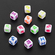 Opaque Acrylic European Beads, Large Hole Beads, Cube with Symbol, 12 Constellations, 7x7x7mm, Hole: 4mm, about 1840pcs/500g(SACR-S275-02)