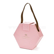 Valentine's Day Hexagon Cardboard Gift Boxes, with PU Imitation Leather Handles, Pink, 28.5cm, Bag: 16.5x18.5x8cm(CON-M010-01B)