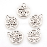 Tibetan Style Alloy Flat Round with Star Charms, Wicca Charms, Pentacle, Lead Free & Nickel Free, Antique Silver, 20.5x16.9x1.7mm, Hole: 2.2mm(TIBEP-5248-AS-FF)