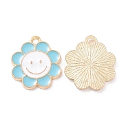 Alloy Enamel Pendants, Flower with Smiling Face Charm, Light Gold, Sky Blue, 18.5x16x1.5mm, Hole: 1.8mm(X-PALLOY-D015-07B)