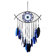 Wooden Woven Net/Web with Feather Pendant Decotations, with Dyed Feather and Silk Cord, Wall Hanging Ornament for Car, Home Decor, Evil Eye, Midnight Blue, Pendant: 550x370mm(FEAT-PW0001-120C)