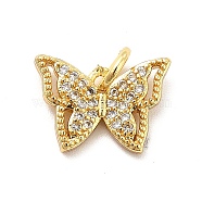 Rack Plating Brass Micro Pave Cubic Zirconia Charms, Hollow Butterfly Charm, Long-Lasting Plated,with Jump Rings, Cadmium Free & Lead Free, Real 18K Gold Plated, 9.5x13x2mm, Hole: 3mm(KK-K270-35G)
