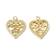 Brass Micro Pave Cubic Zirconia Pendants, with Jump Ring, Heart with Bird Lover Charm, Real 18K Gold Plated, 19x18.5x2.5mm, Hole: 3.5mm(KK-E068-VB125)