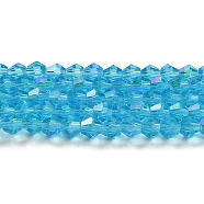 Transparent Electroplate Glass Beads Strands, AB Color Plated, Faceted, Bicone, Deep Sky Blue, 3.5~3.8x3mm, Hole: 0.8mm, about 113~115pcs/strand, 14.17~14.37 inch(36~36.5cm)(EGLA-A039-T3mm-L19)