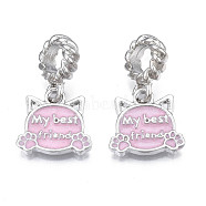 Rack Plating Alloy Enamel European Dangle Charms, Large Hole Pendants, Cadmium Free & Nickel Free & Lead Free, Platinum, Cat Shapes with Word My Best Friend, Pearl Pink, 24mm, Hole: 5mm, Cat: 13x14x2mm(MPDL-N039-054)