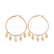 Vacuum Plating 201 Stainless Steel Hamsa Hand Charm Big Hoop Earrings with 304 Stainless Steel Pin for Women, Golden, 65x48.5mm, Pin: 0.7mm(EJEW-F280-16G)