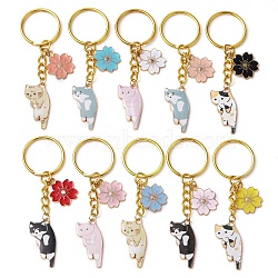 Alloy Enamel Pendants Keychain, with Iron Split Key Rings, Cat with Sakura Flower, Mixed Color, 8.1cm(KEYC-JKC00885)