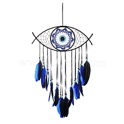 Wooden Woven Net/Web with Feather Pendant Decotations, with Dyed Feather and Silk Cord, Wall Hanging Ornament for Car, Home Decor, Evil Eye, Midnight Blue, Pendant: 550x370mm(FEAT-PW0001-120C)