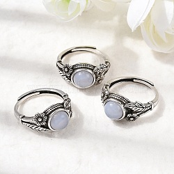 Natural Blue Lace Agate Finger Rings, Brass Rings, Antique Silver, 11mm, Inner Diameter: 18~19mm(RJEW-A084-05AS-10)