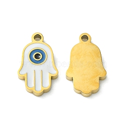 Ion Plating(IP) 304 Stainless Steel Manual Polishing Charms, with Enamel, Hamsa Hand/Hand of Miriam with Evil Eye, Golden, 11.5x7x1.5mm, Hole: 1.2mm(STAS-C075-35G)