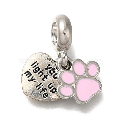 Rack Plating Alloy Enamel European Dangle Charms, Cat Paw Print & Heart Large Hole Charms, Antique Silver, Pink, 21mm, Hole: 4.8mm(PALLOY-P307-02A-AS)