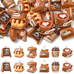 24Pcs 6 Styles Coffee Theme Opaque Resin Pendants, with Platinum Iron Loops, Mixed Color, Mixed Shapes, 25~30x19~27x7~10.5mm, Hole: 2mm, 4pcs/style(RESI-YW0006-18)