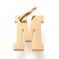 304 Stainless Steel Pendants, with Jump Rings, Manual Polishing, Golden, Letter.M, 10x8x1mm, Hole: 4.5mm(STAS-M276-A21)