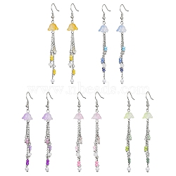 Bohemian Style Glass & Seed Beaded Flower Dangle Earrings, Brass Chains Tassel Earrings, Mixed Color, 35.5x10.5mm(EJEW-JE05579)